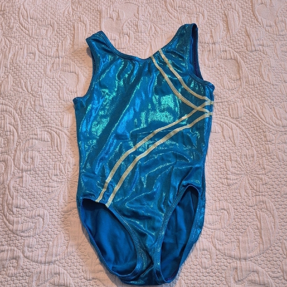 Melody Leotards Child XL blue & lime shimmery dance or gymnastics EUC